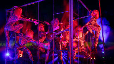 Six Dancers surrounded a metal cage on stage 