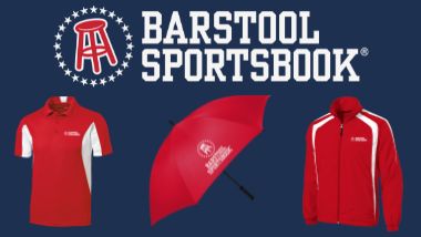 Red Polo, Umbrella, and jacket with a barstool sportsbook logo on it